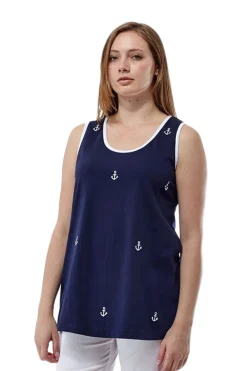 La Cera™ Camiseta Sin Mangas De Punto De Algodon Con Bordado De Ancla - Tallas