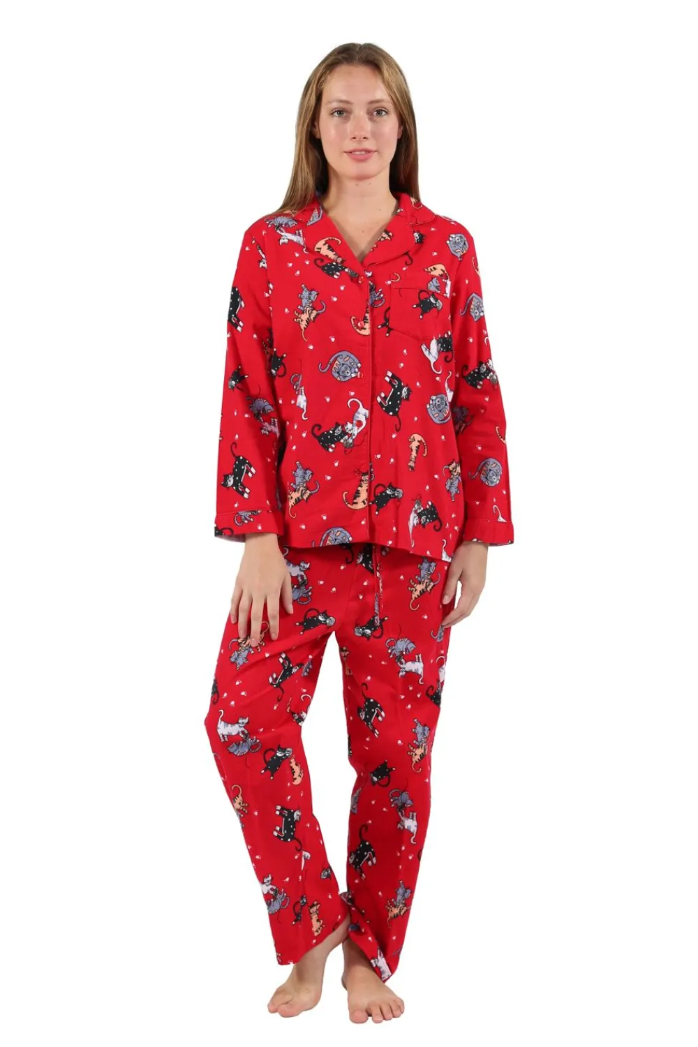 La Cera™ Conjunto De Pijama Con Estampado De Gato De Franela Roja