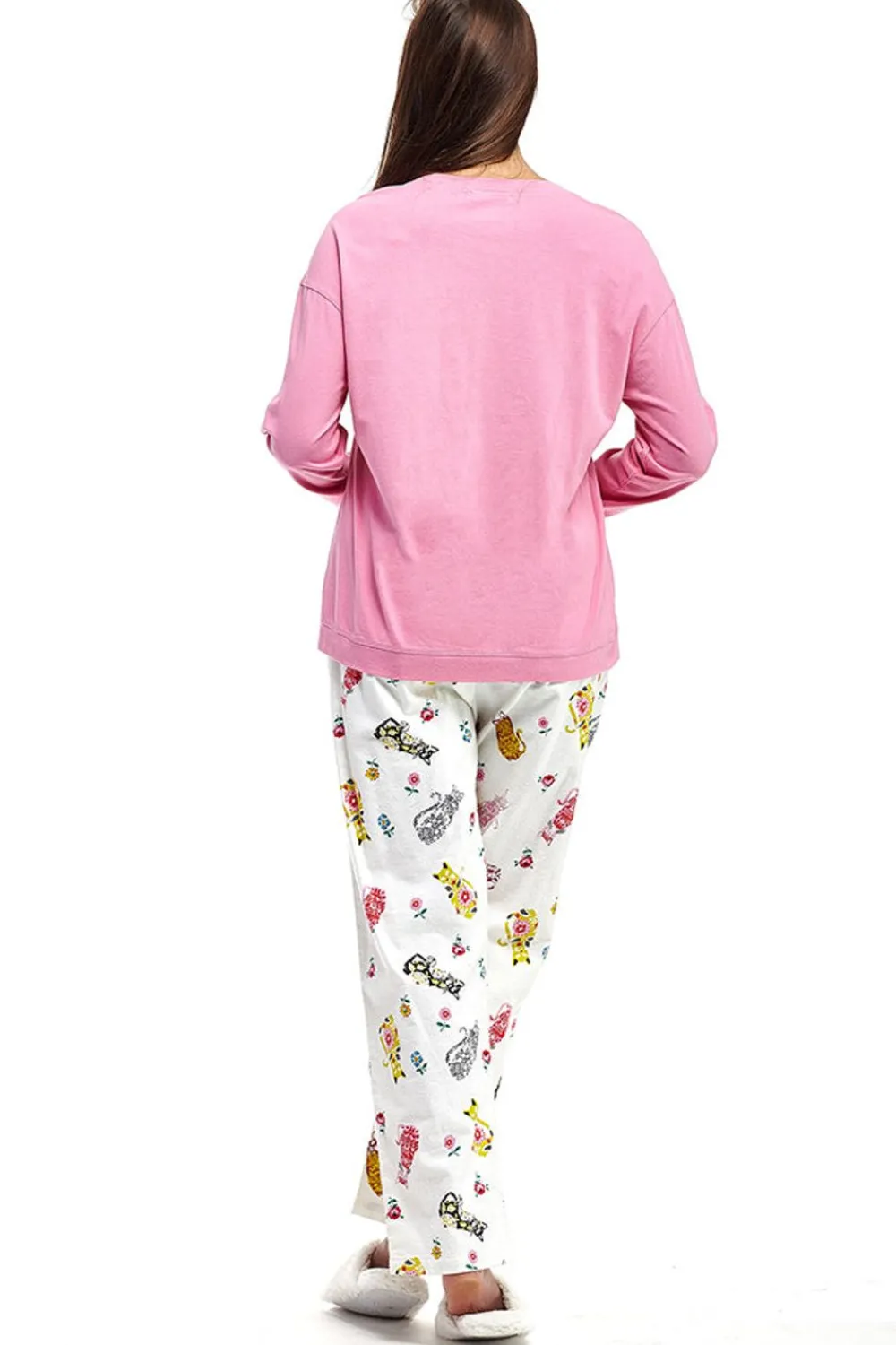 La Cera™ Conjunto De Pijama Con Estampado De Gato De Franela Rosa