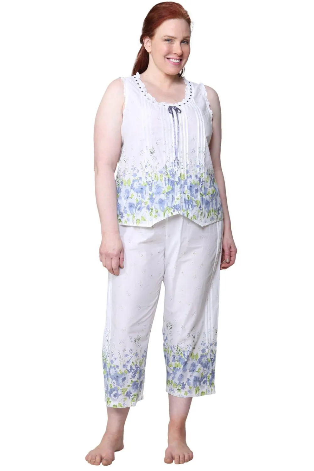 La Cera™ Estampado De Bordes Sin Mangas 100% Algodon Floral Pijamas De Talla Gr