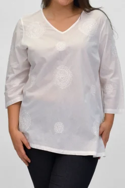 La Cera™ La Cera Camisa Casual Con Cuello En V Bordada Blanca Talla Grande