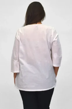 La Cera™ La Cera Camisa Casual Con Cuello En V Bordada Blanca Talla Grande