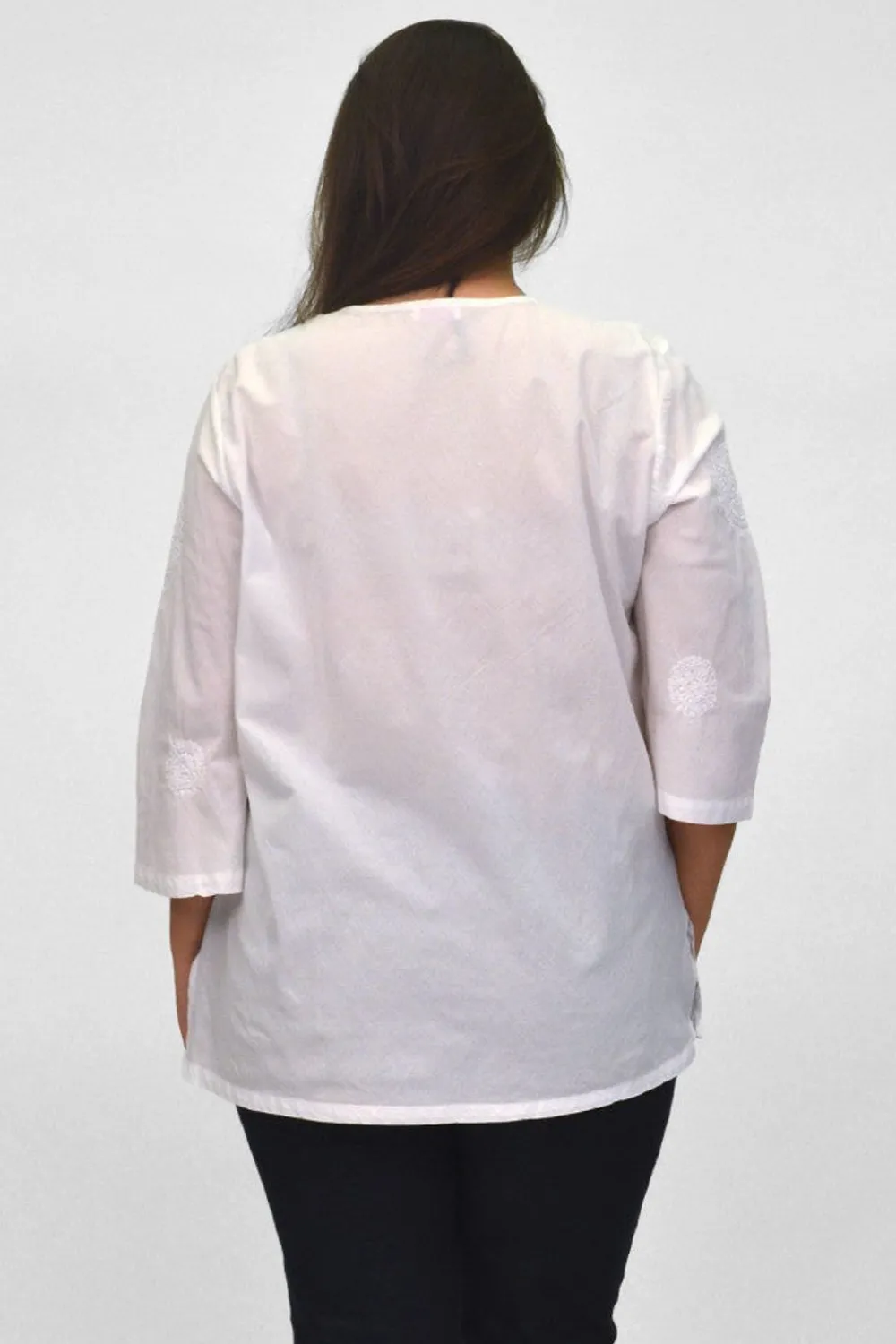 La Cera™ La Cera Camisa Casual Con Cuello En V Bordada Blanca Talla Grande