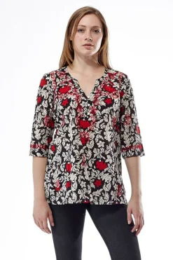 La Cera™ Top Con Print De Flores En Negro Y Rojo