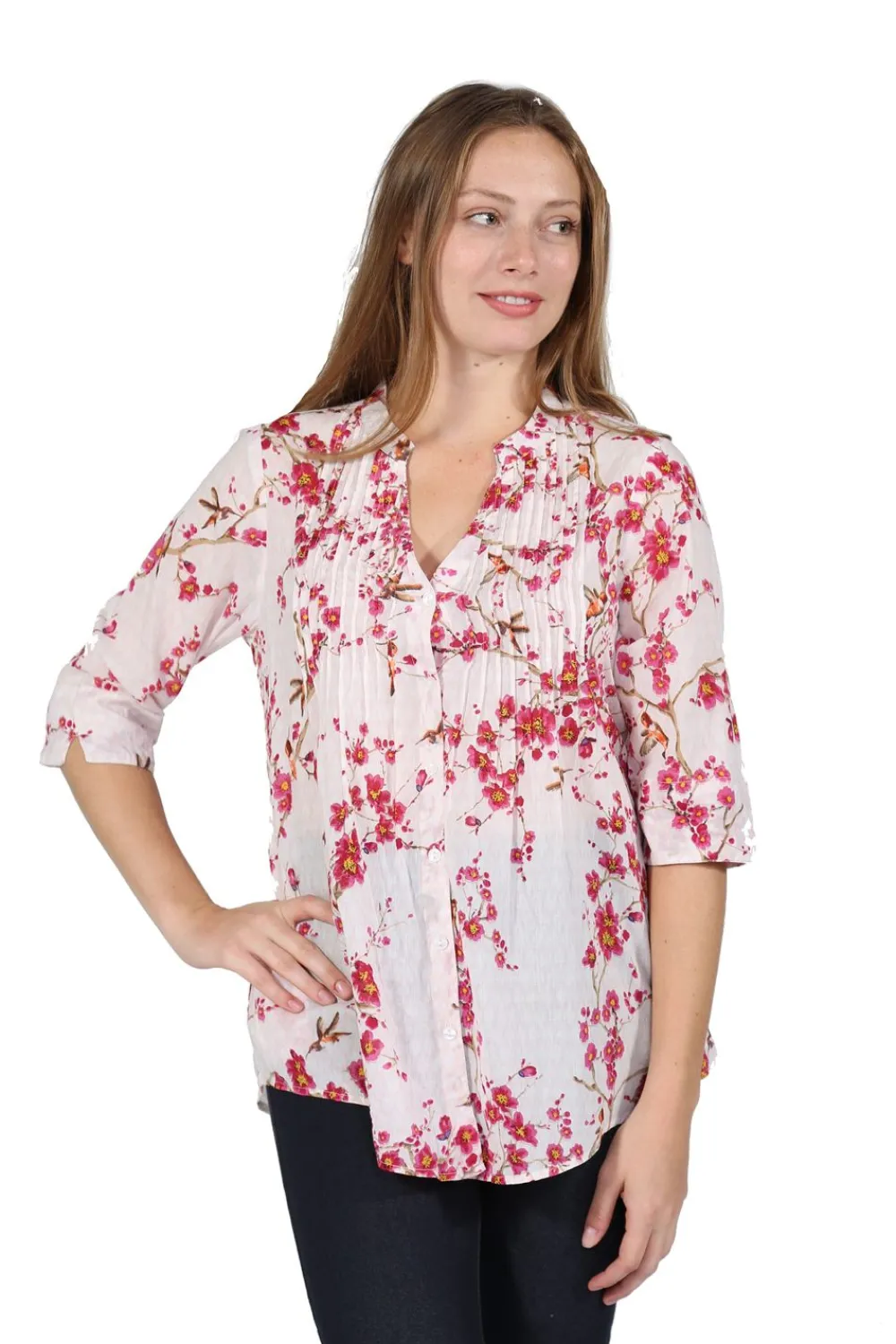 La Cera™ Top De Algodon Con Estampado De Helechos Y Parte Delantera Plisada