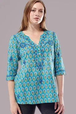 La Cera™ Tunica Con Estampado De Bloques Y Bordado Tonal