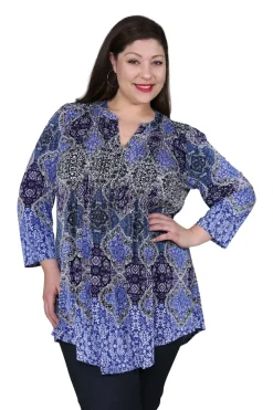 La Cera™ Tunica Estampada Con Frente Plisado La Cera Talla Grande Multicol