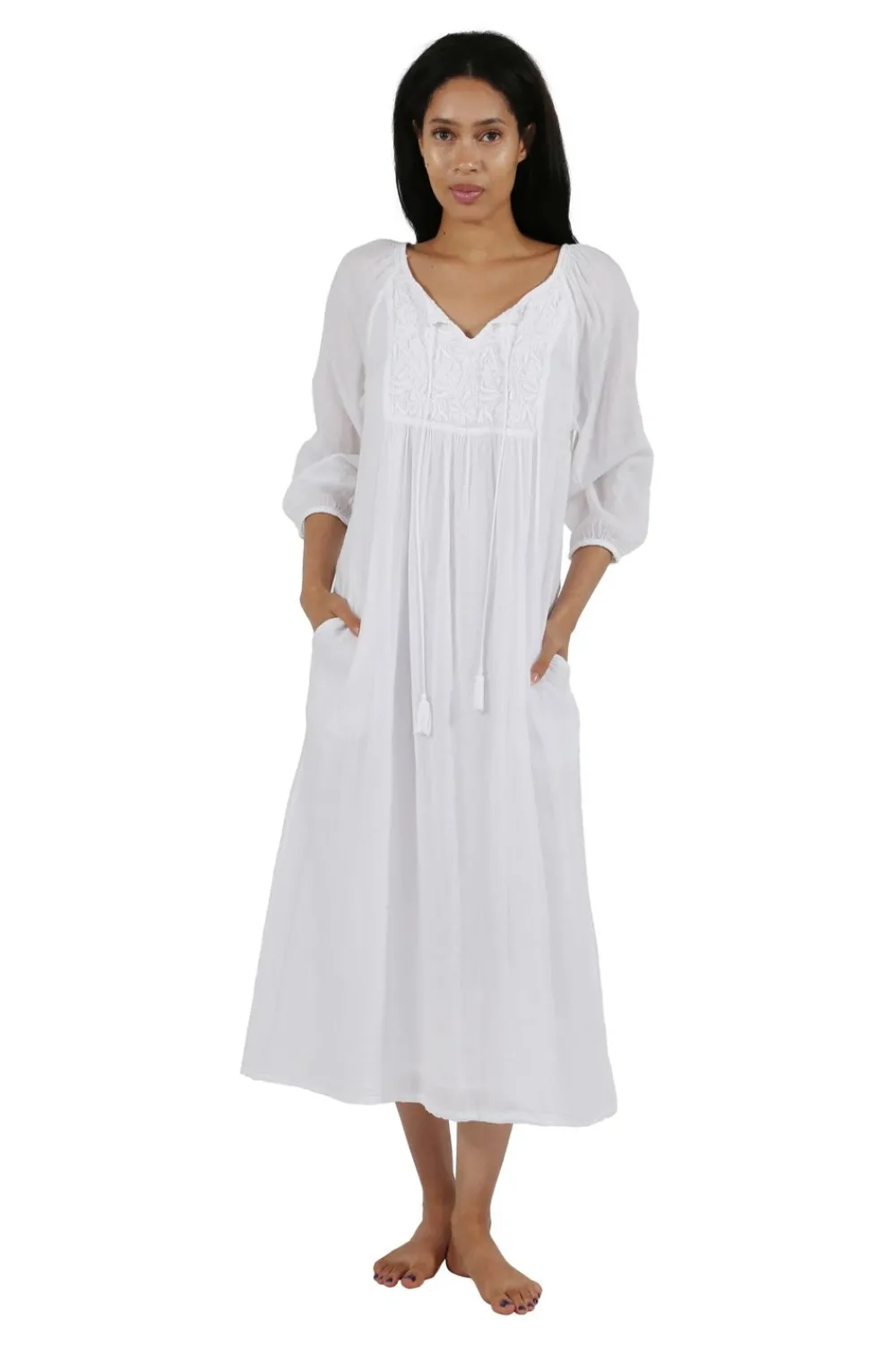 La Cera™ Vestido Bordado De Manga 3/4 100% Algodon