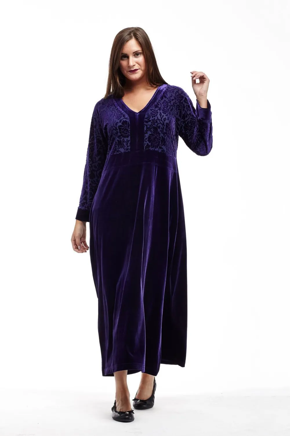 La Cera™ Vestido De Terciopelo Desgastado Con Ribetes De Jacquard